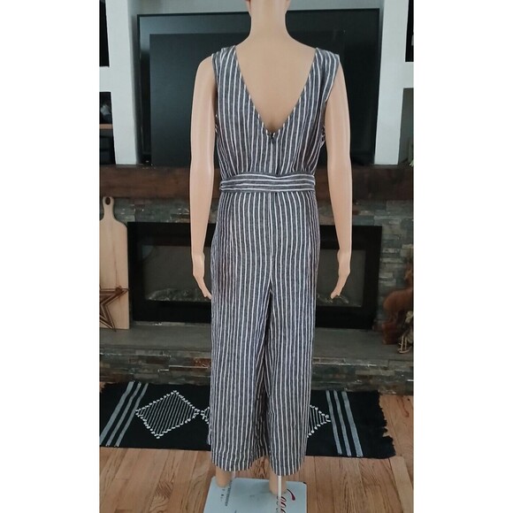 Wide Leg Linen Blend Jumpsuit Romper Sleeveless Pinstriped Pockets Wrap Belt XL - Picture 12 of 16